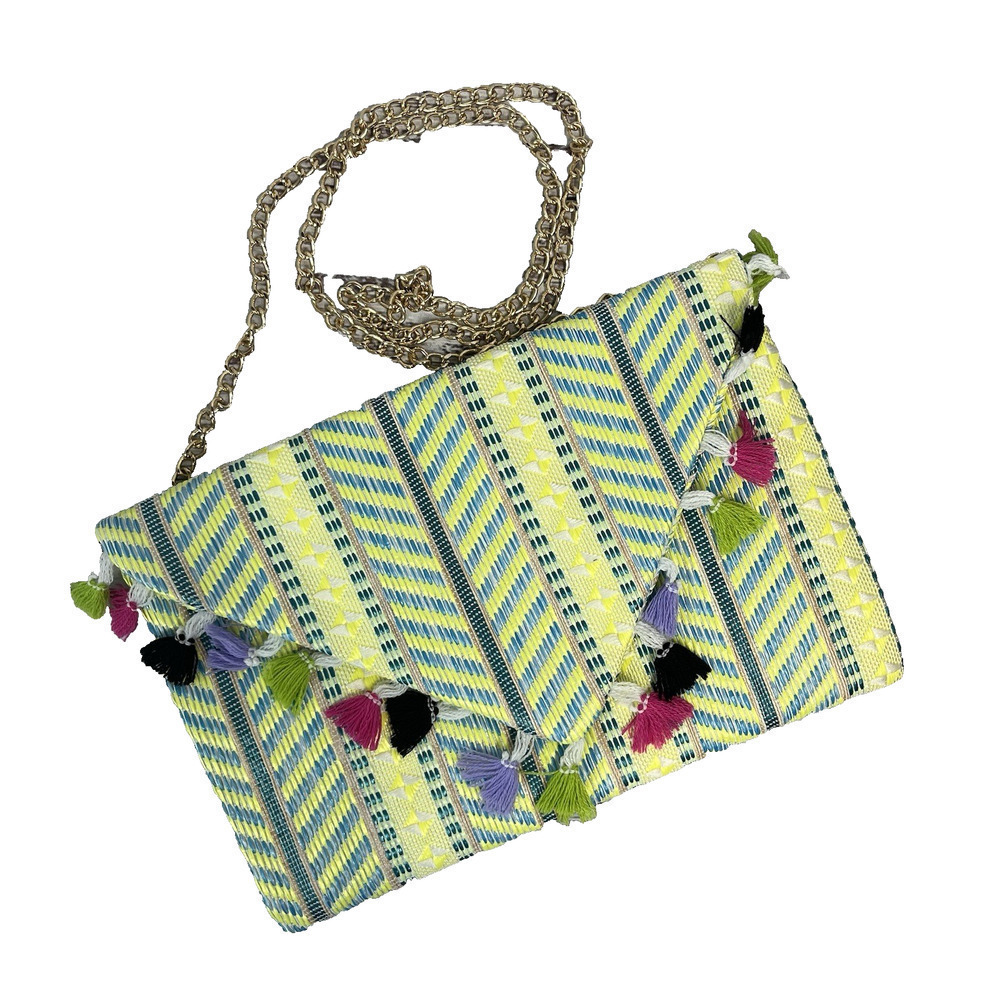 Sondra Roberts Handbag Clutch Purse Yellow Blue Woven Pink Purple Tassels